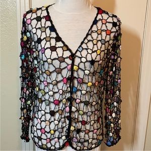 Vintage 90s Crochet Rainbow Beaded Multicolor Colorful Loosely Knit Cardigan M